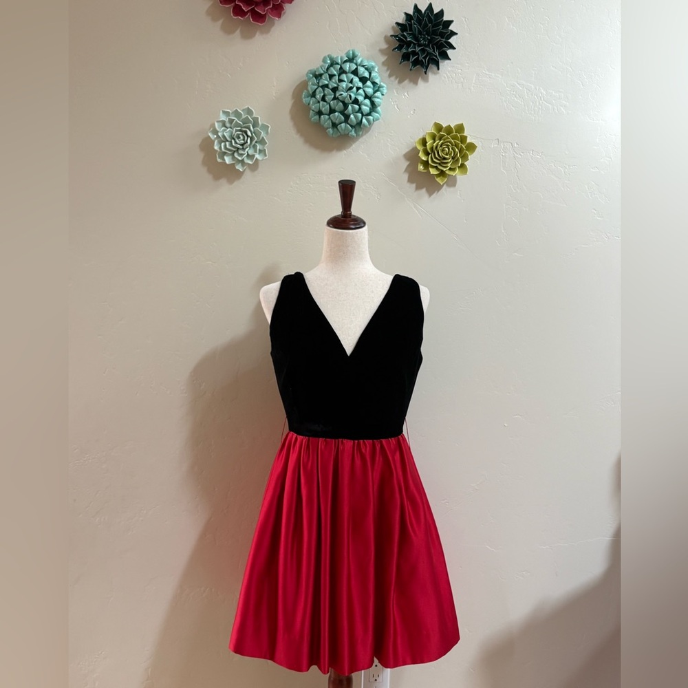 Vintage Catherine Regehr Black & Red Velvet V-Neck Party Dress S